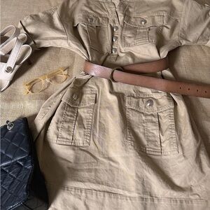 Loft denim thick cotton Stylish Tan Button-Up Dress with Belt